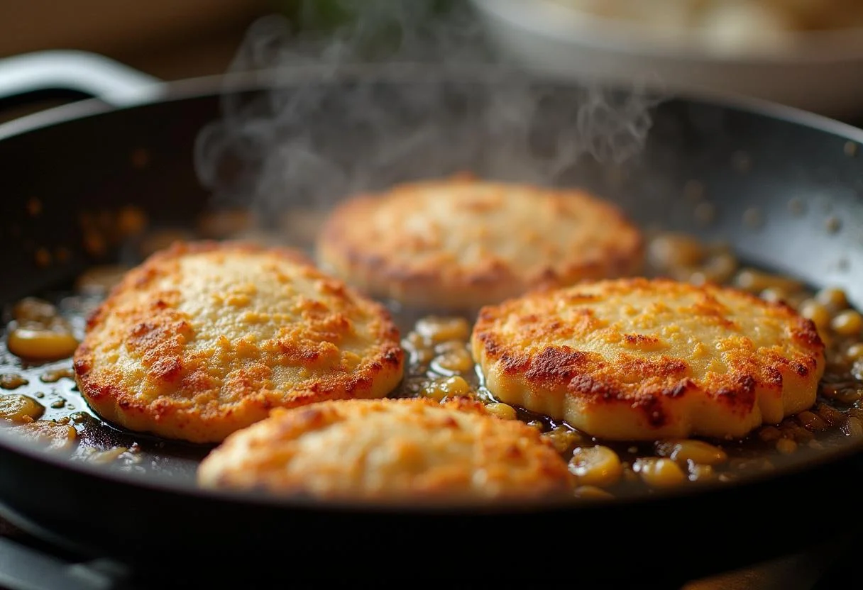 Hähnchen schnitzel braten zusammen mit Zwiebeln für das Zwiebel-Sahne-Gericht.