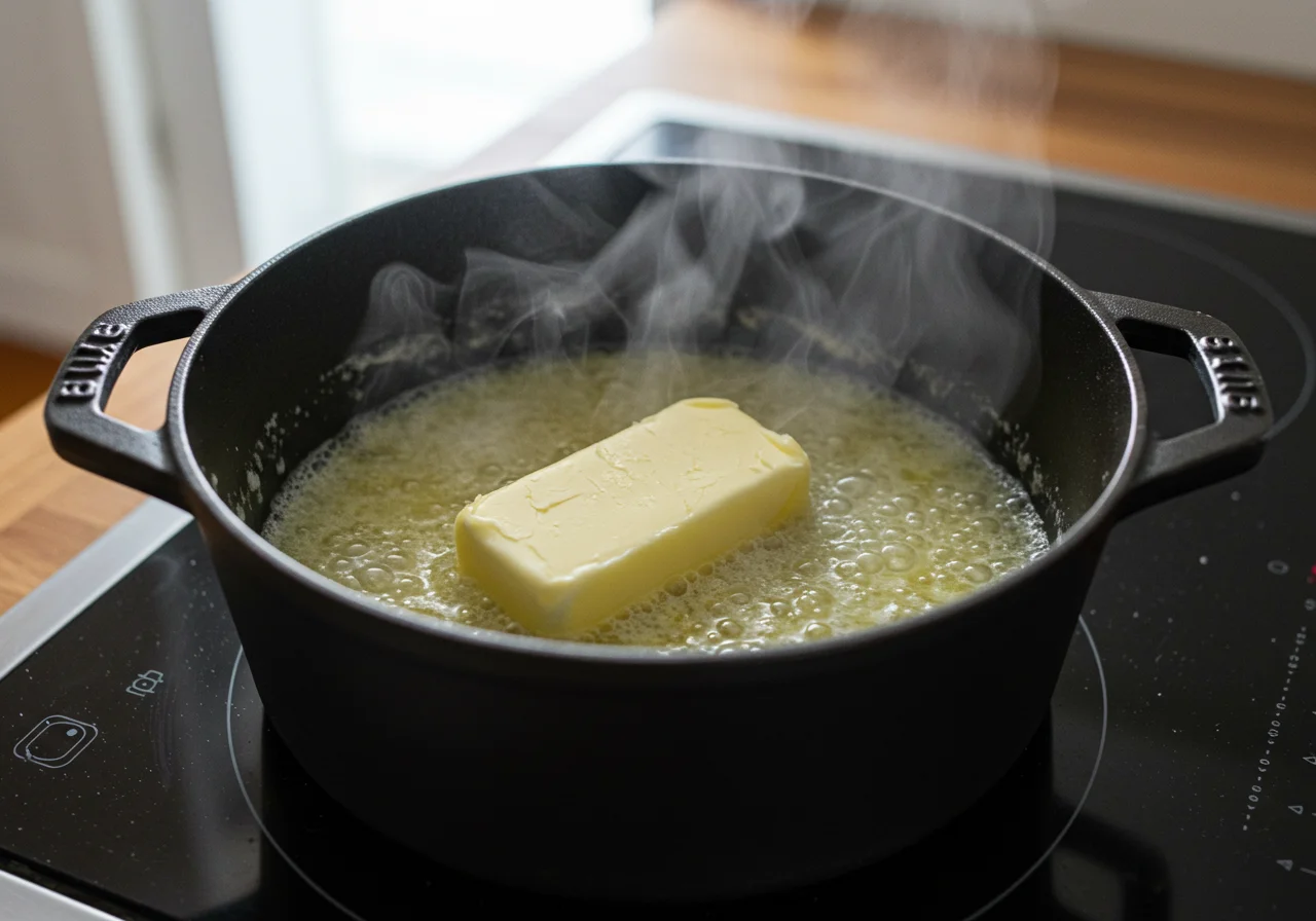 Butter wird geschmolzen auf dem Herd für das aktuelle Butter-Angebot diese Woche.