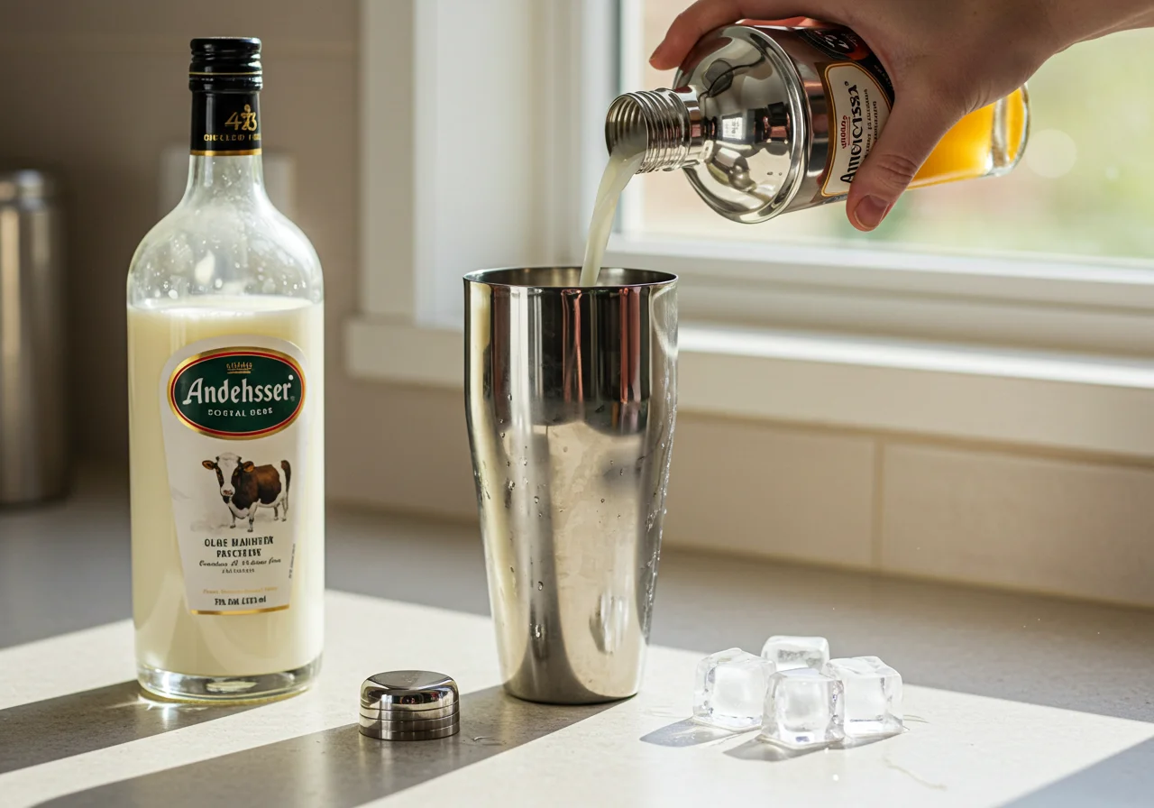 Cocktail shaker filled with likör 43 und Andechser Bio Milch, ready for mixing.