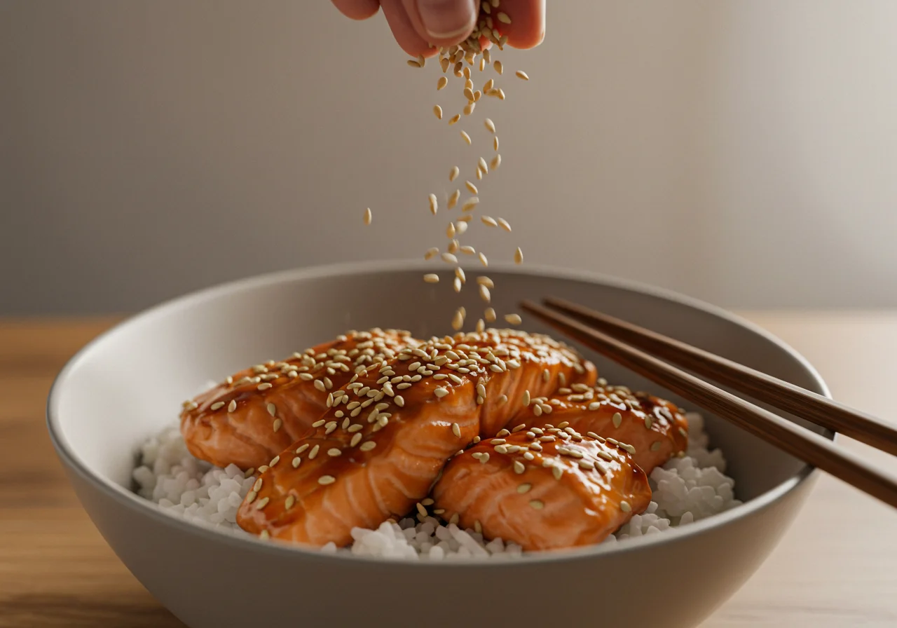Sesamkörner werden über die Lachs Teriyaki Reis-Bowl gestreut, um das Gericht zu verfeinern.