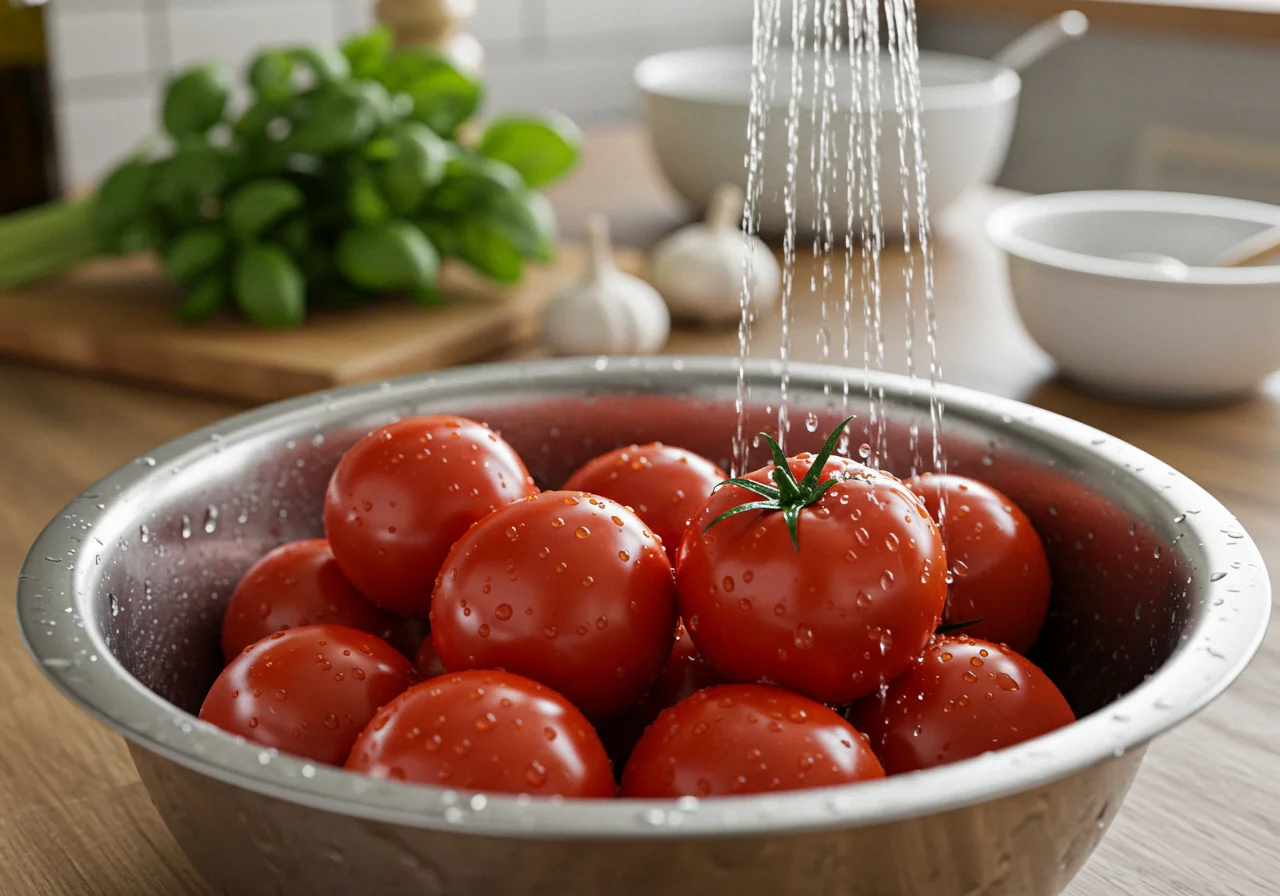 Frische Tomaten werden gewaschen für die beste Tomatensauce aus passierten Tomaten.
