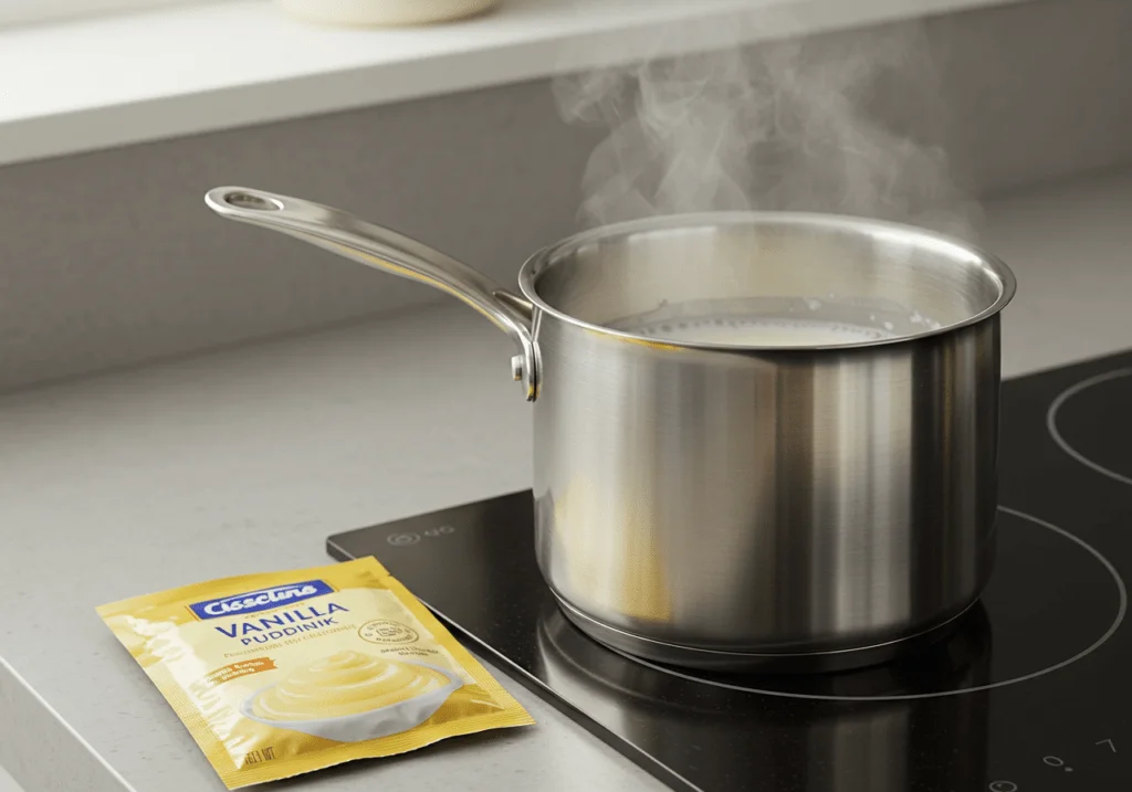 Preparing vanilla pudding for Bester Pudding-Streuselkuchen with heated milk and pudding mix.