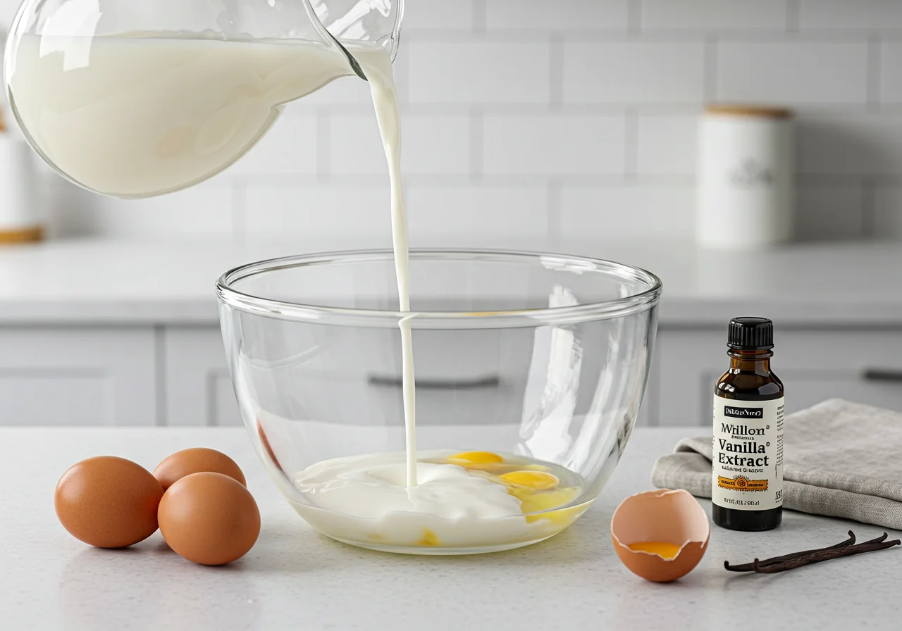 Milch und Vanilleextrakt werden zum grund kuchen rezept hinzugefügt, um einen köstlichen Vanillekuchen zu kreieren.
