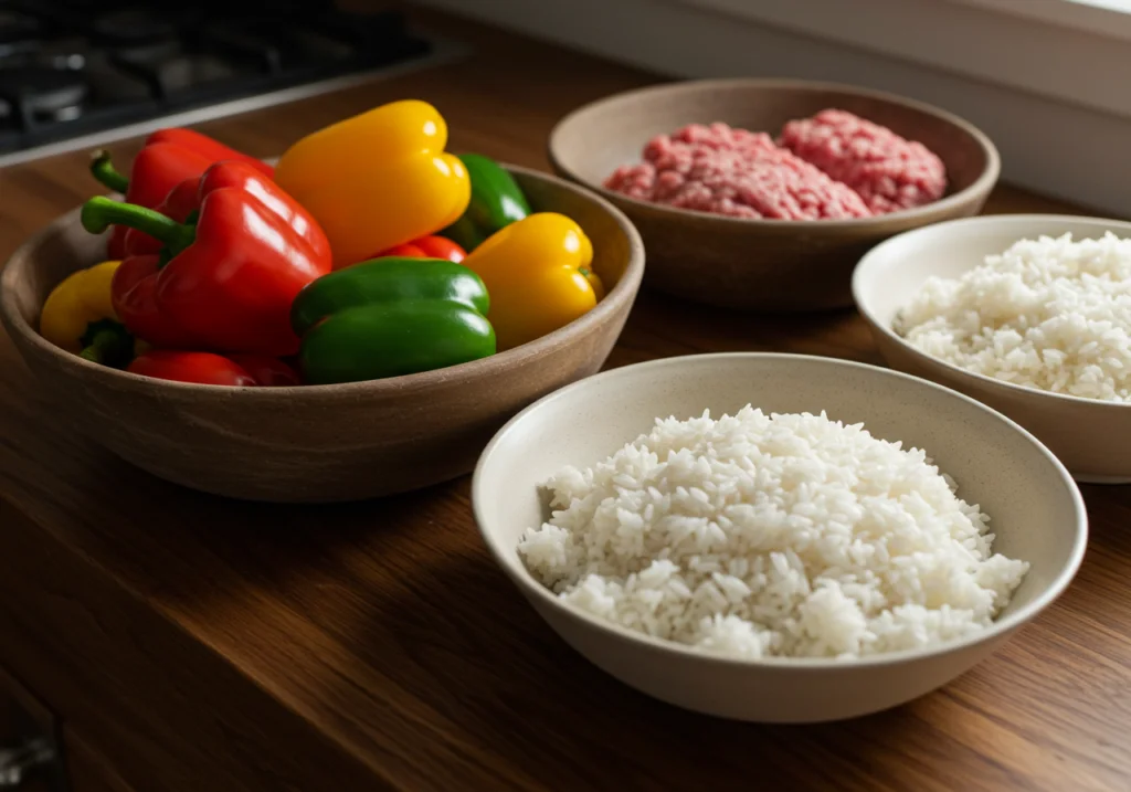 Zutaten für gefüllte Paprika inklusive Hackfleisch und Reis vorbereitet für das Rezept für gefüllte Paprika mit Hackfleisch.