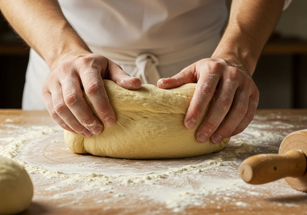 Der Brezelteig wird geknetet, um die Nährwerte und Kalorien einer Brezel zu erreichen.