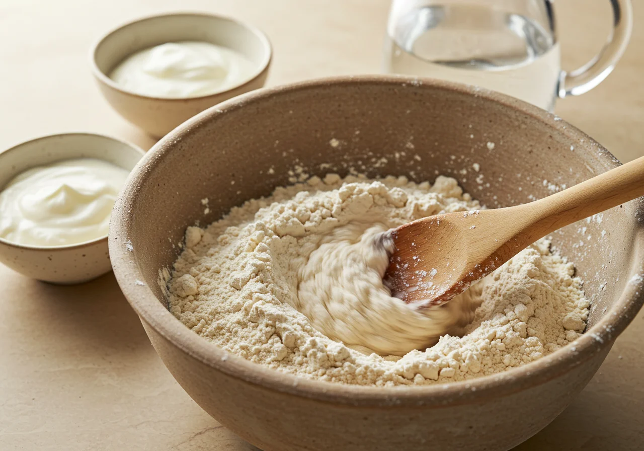 Trockenbestandteile für brot ohne hefe werden mit einem Holzlöffel vermischt.