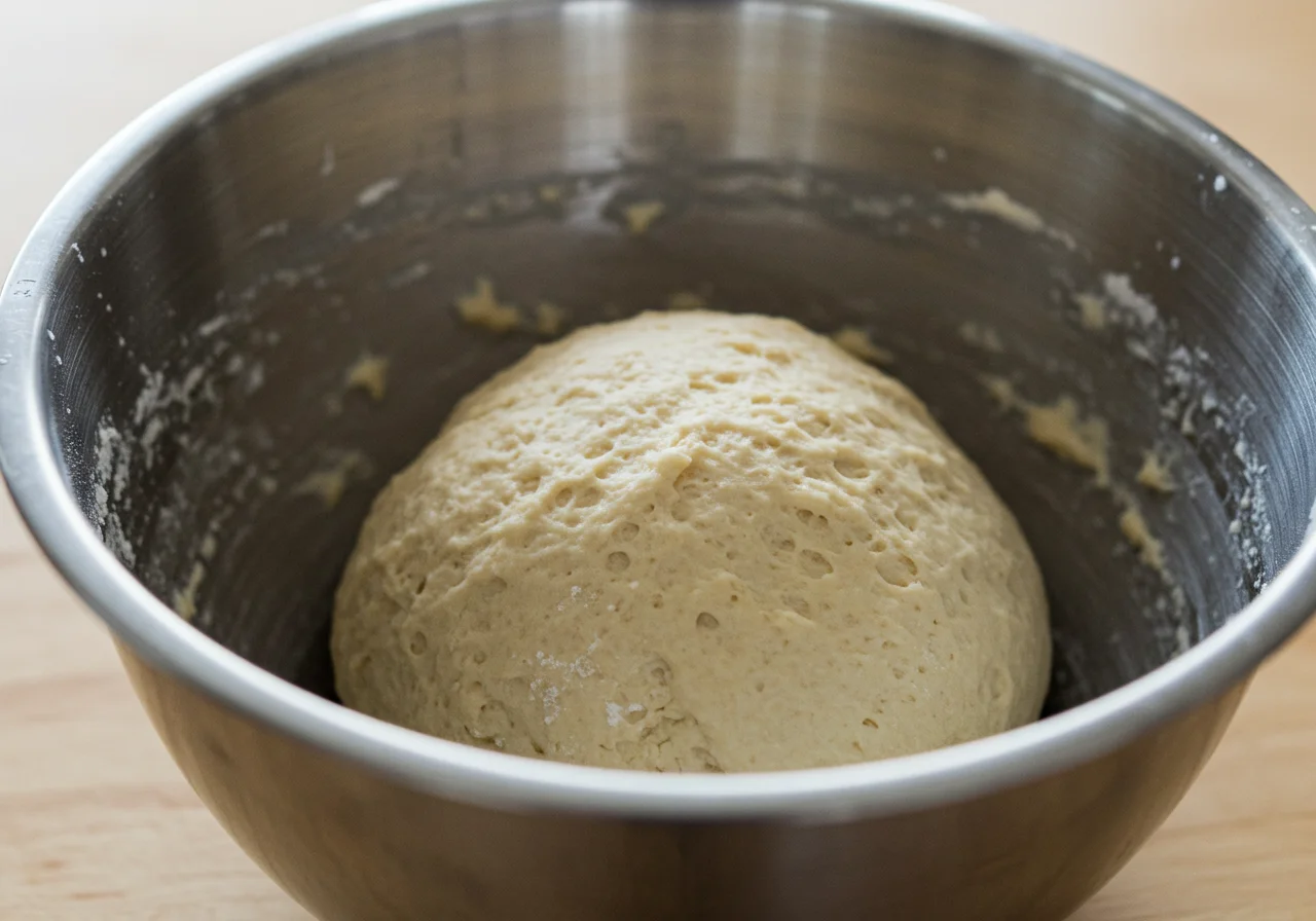 Entstehender Teig für brot ohne hefe, der in einer Schüssel gemischt wird.