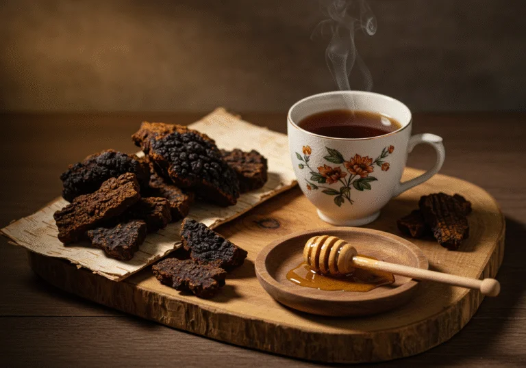 Chaga pilz tee with honey and mushrooms, a perfect wellness drink.