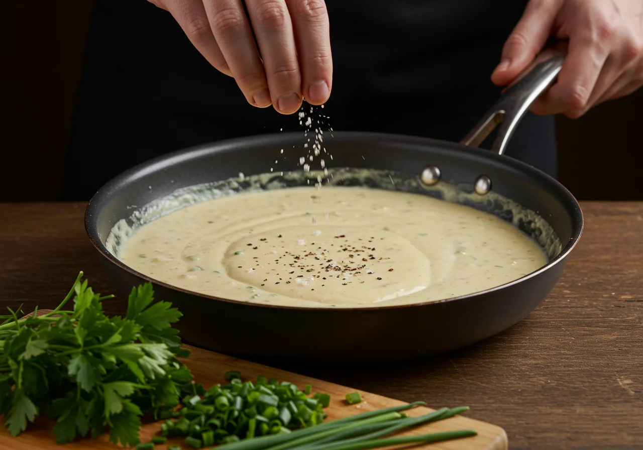 Seasoning creamy sauce for Hähnchen with salt and herbs.