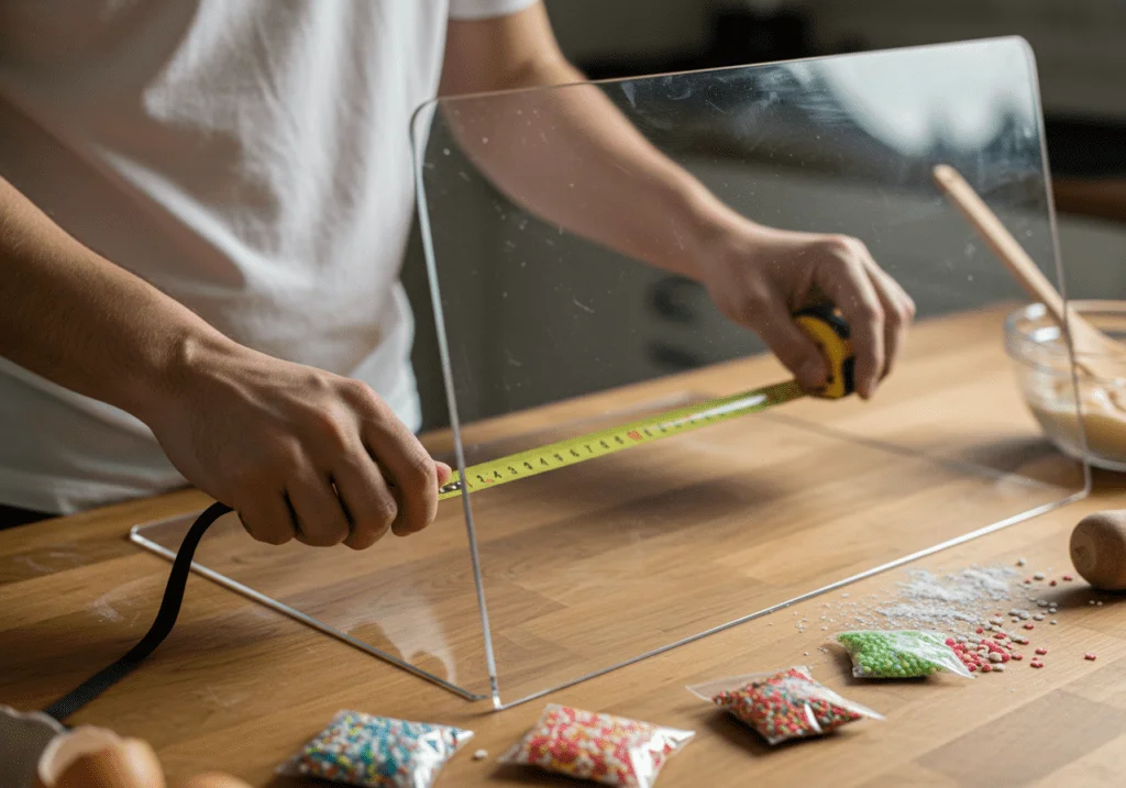 Maßnehmen für den Glas Spritzschutz in der Küche, Vorbereitung für die Kuchenvitrine.