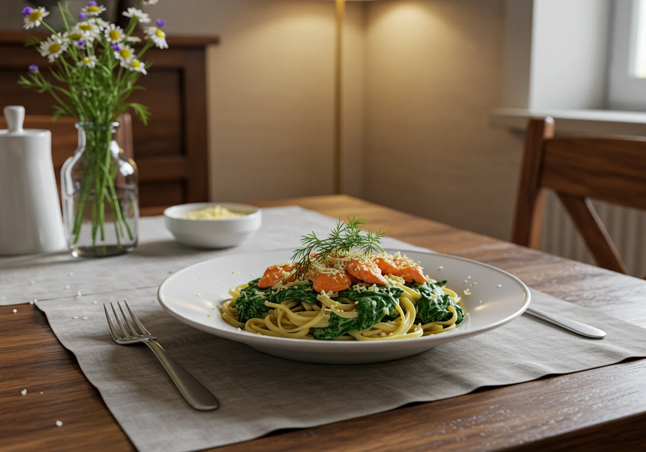 Fertige Nudeln mit Spinat und Lachs, perfekt für ein elegantes Abendessen.