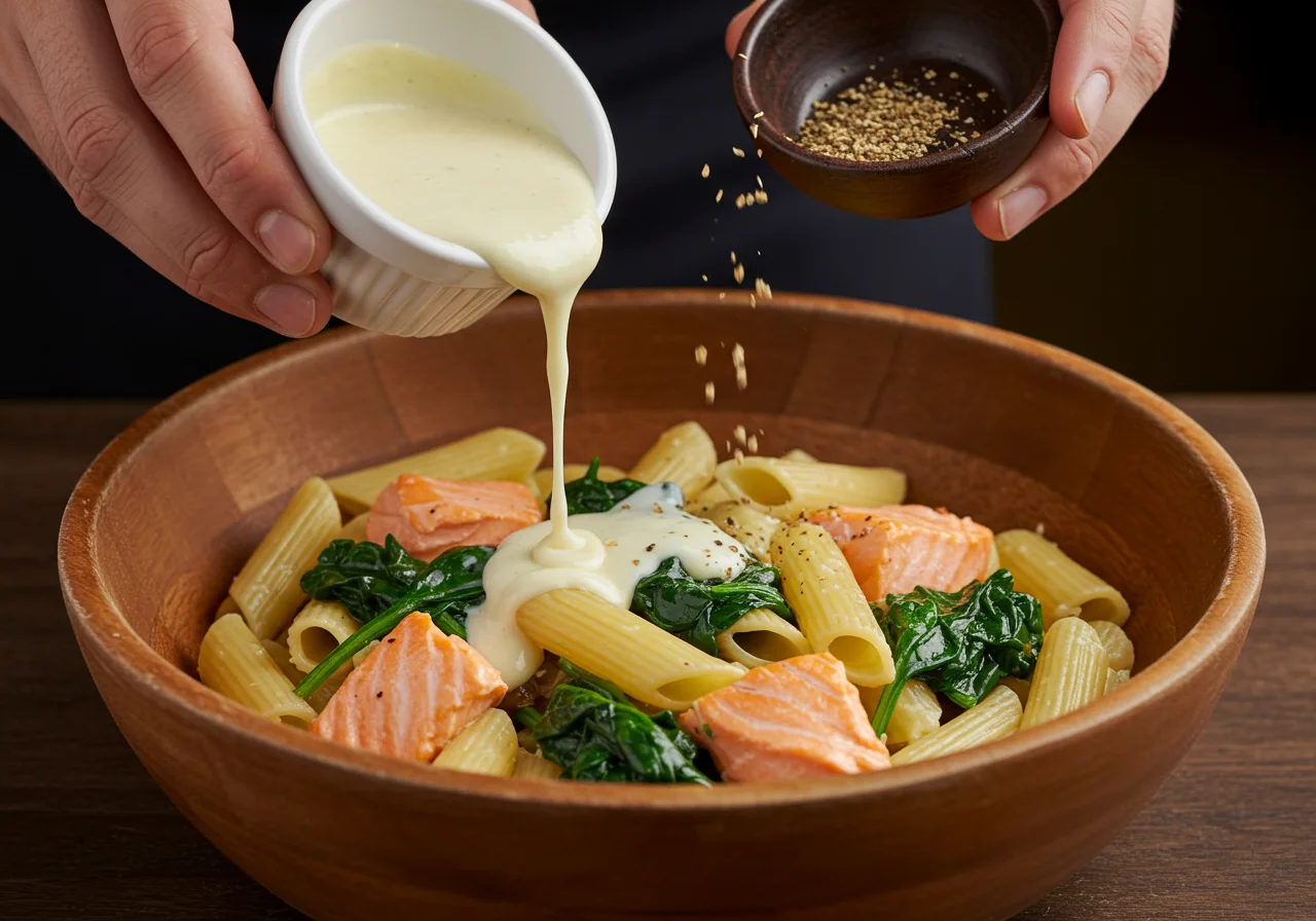 Nudeln mit Spinat und Lachs in einer Schüssel vermischt, um die perfekte Pasta-Soße zu kreieren.