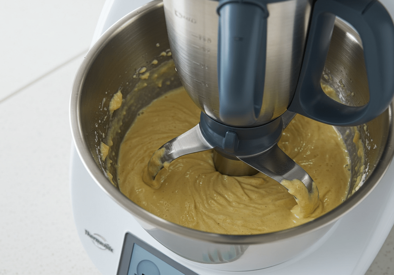 Zutaten für einen schnellen Kuchen mit Thermomix werden gründlich gemischt.