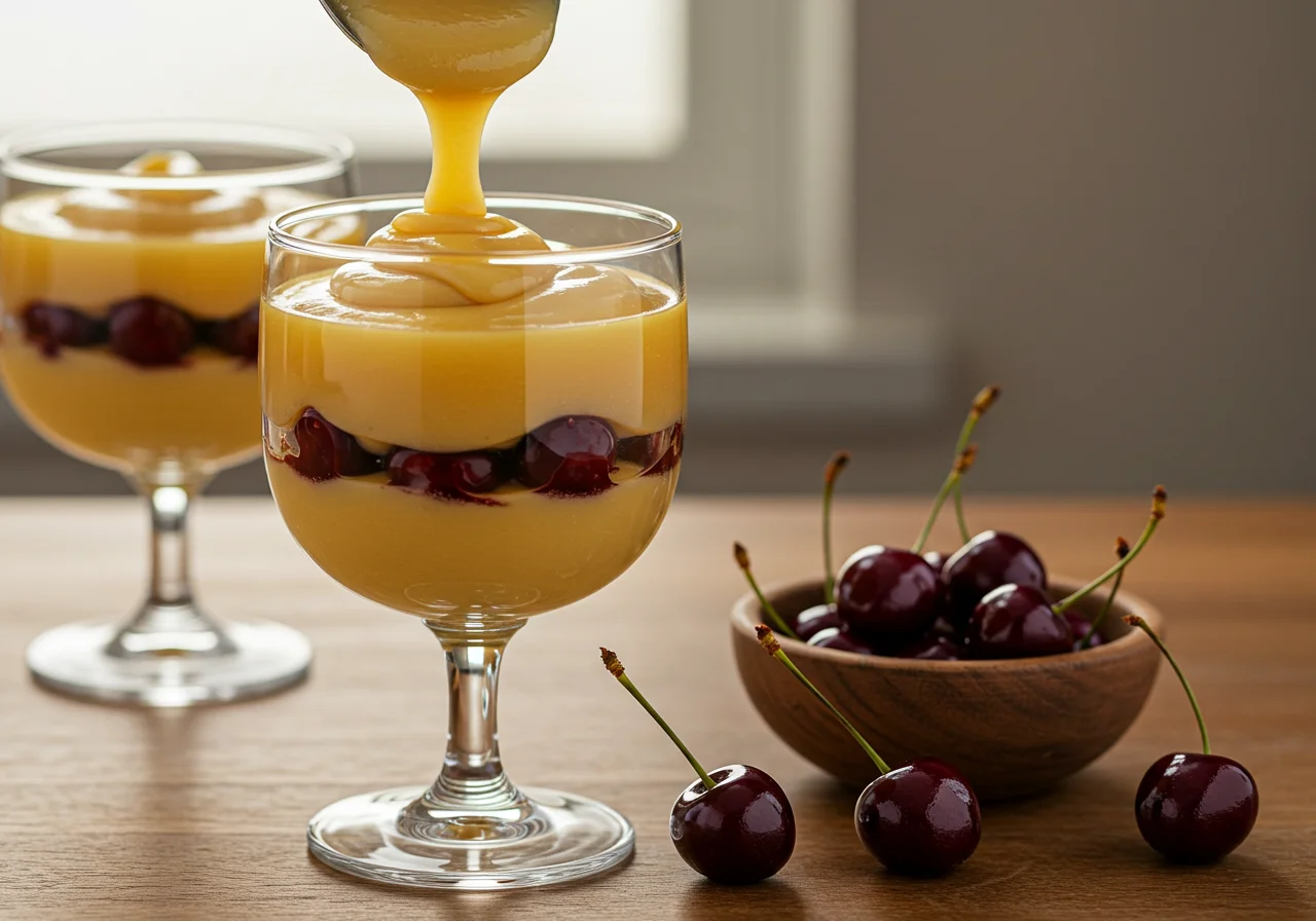 Dessertglas wird mit Pudding gefüllt, während frische Kirschen bereit sind, hinzugefügt zu werden.