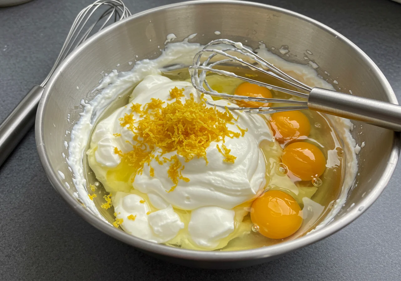 Zutaten für den Erfrischenden Joghurt-Zitronen-Kuchen mit Joghurt und Zitronenzesten in einer Schüssel.