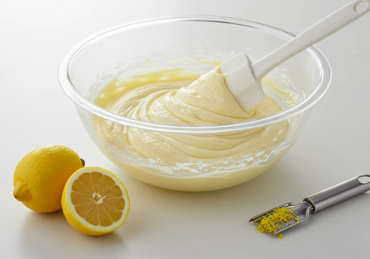 Batter wird für den Joghurt Zitronen Kuchen mit einer Spachtel in der Schüssel gefaltet.