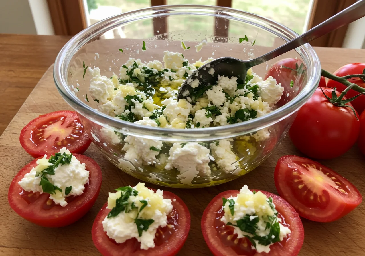 Feta und Knoblauchmischung für die Zubereitung des Tomaten Feta Auflaufs.
