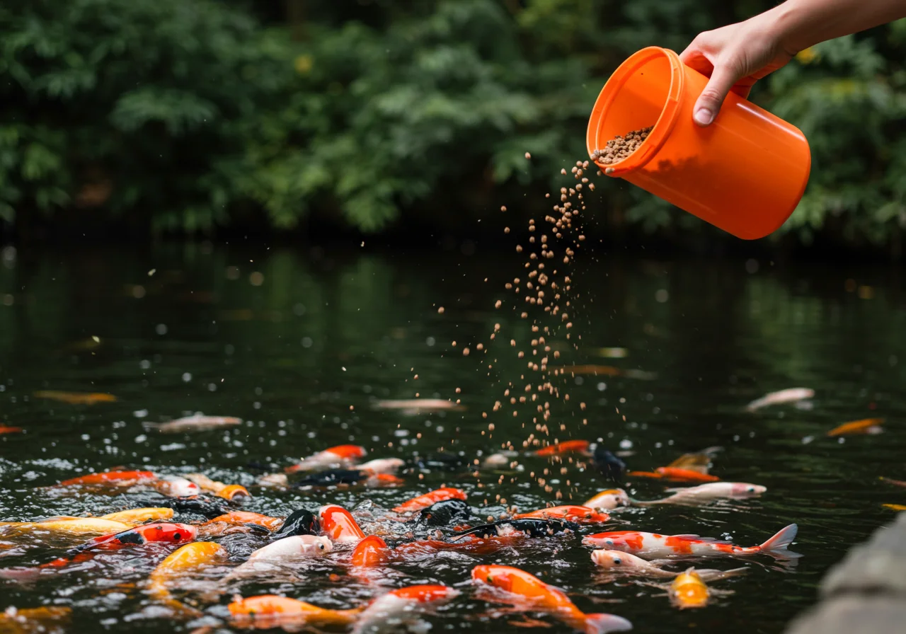 Fischfutter wird in den Gartenteich gestreut, um die Fische für den Teich zu füttern.