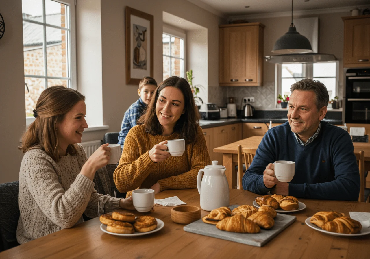 Familie, die Kaffee und Gebäck in einer gemütlichen sitzecke für die küche genießt, perfekt für gesellige Stunden.