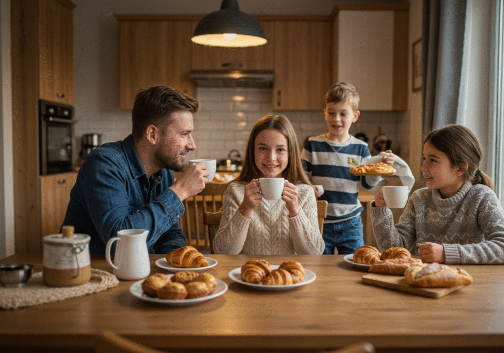 Familie, die Kaffee und Gebäck in einer gemütlichen sitzecke für die küche genießt, perfekt für gesellige Stunden.