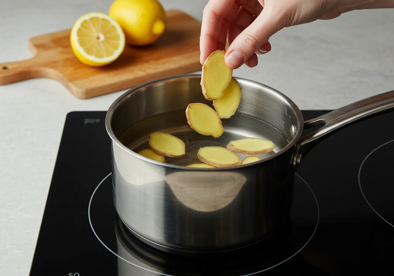 Sliced ginger in a saucepan for kurkuma ingwer tee preparation.