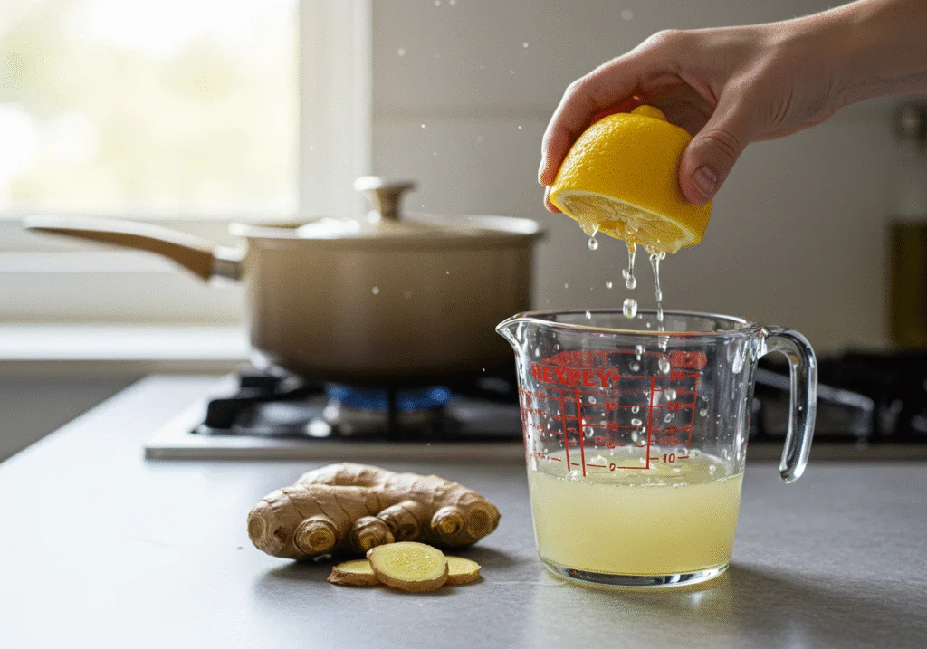 Juicing lemon for zitronen ingwer tee, enhancing flavor and health benefits.