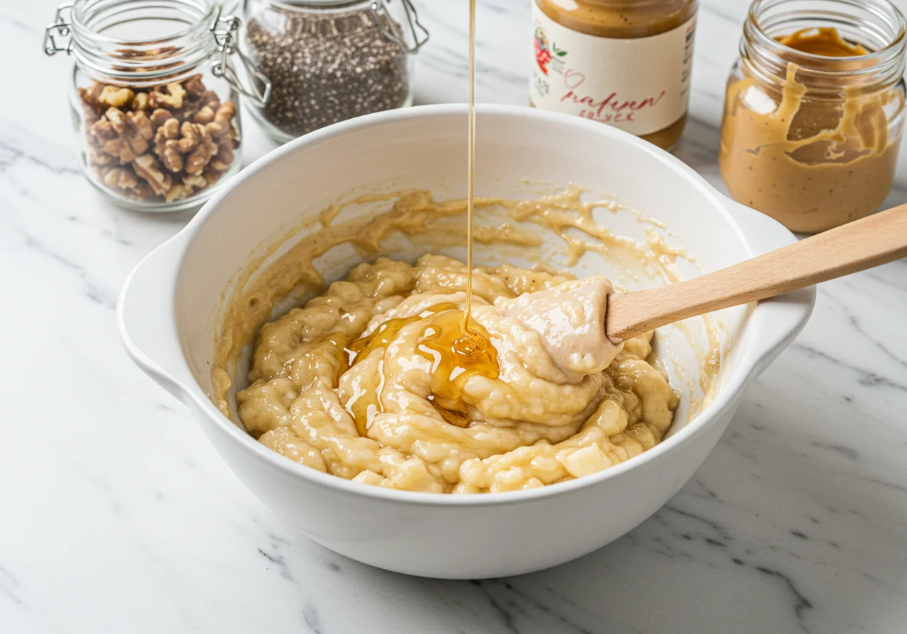 Bananen und Honig vermischt zur Zubereitung von kuchen aus haferflocken.