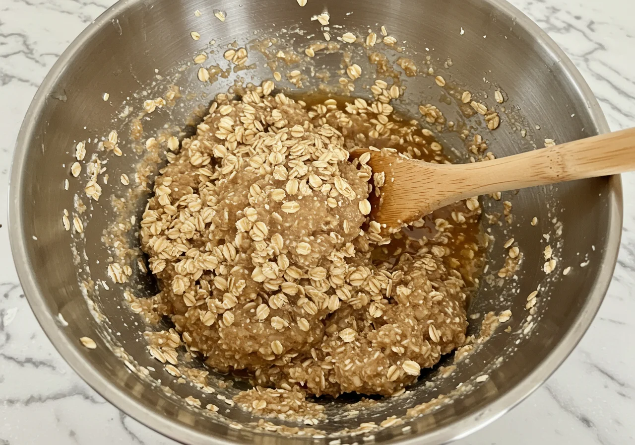 Kombinieren der Mischung für kuchen haferflocken, aus Haferflocken und feuchten Zutaten.
