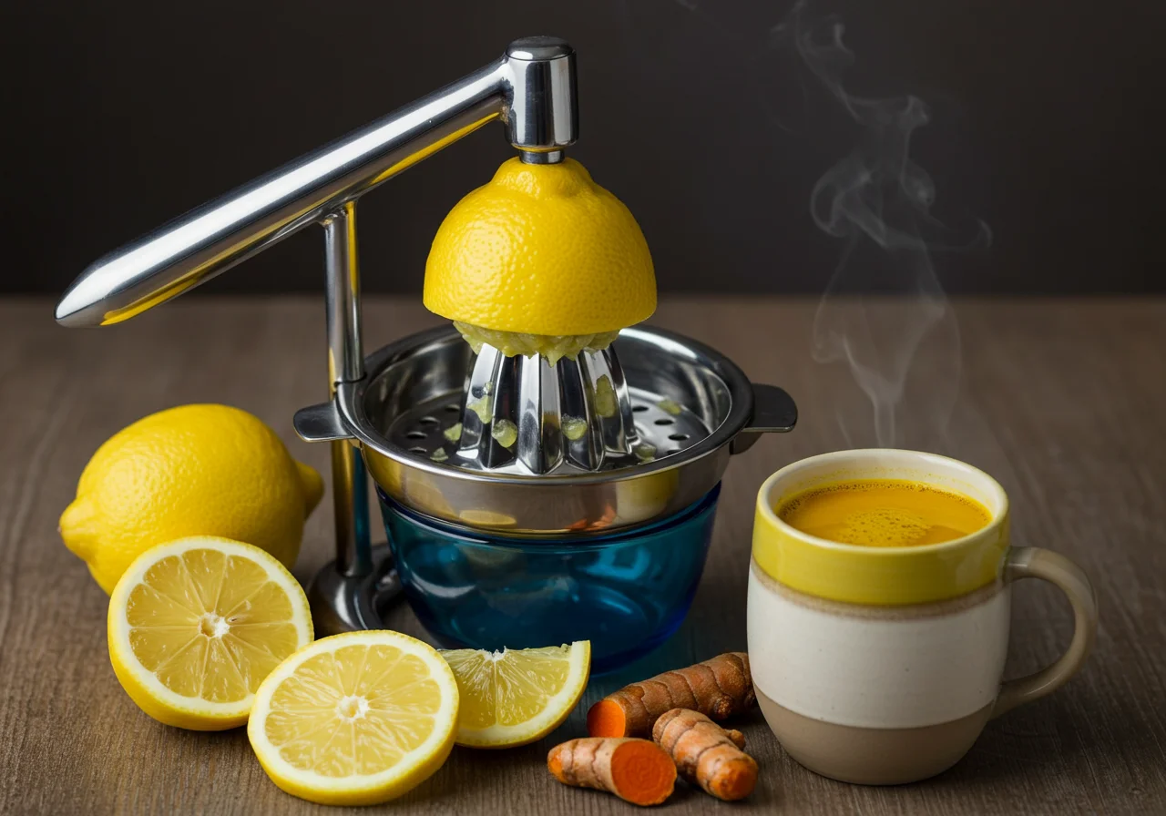 Frischer Zitronensaft wird für Ingwer Kurkuma Tee ausgepresst.