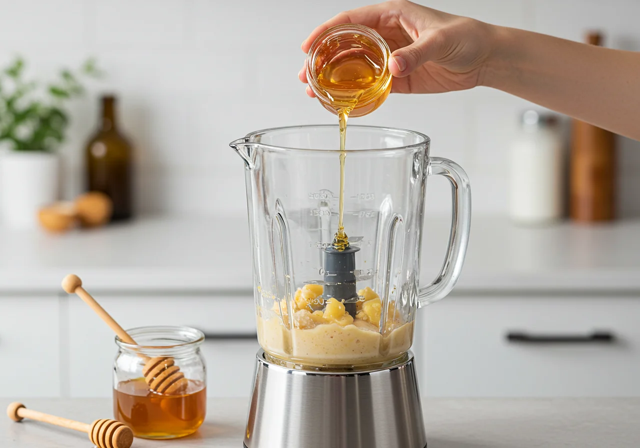 Honig wird in den Mixer für einen köstlichen roten Beeren Smoothie hinzugefügt.