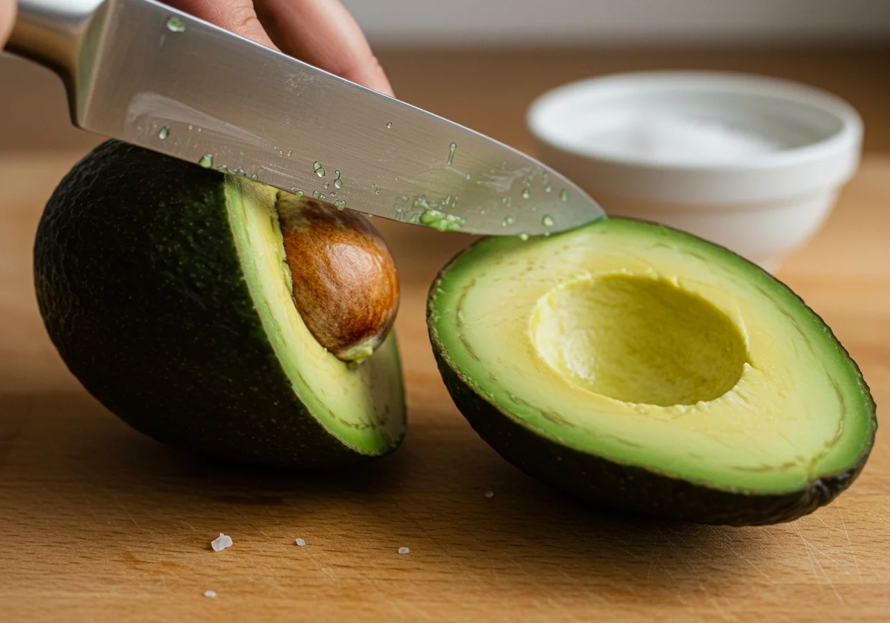 Frische Avocado wird halbiert für Avocado-Brot mit Ei.