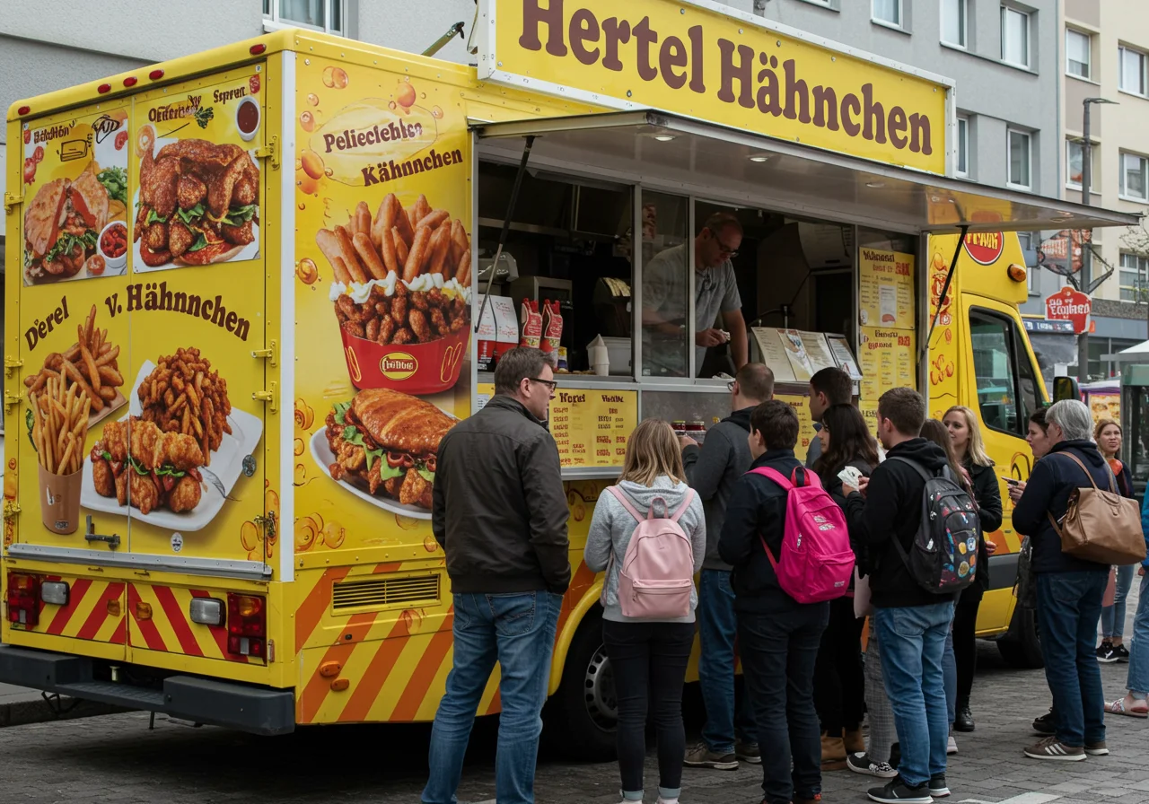 Hertel Hähnchen food truck attracting customers at various locations.