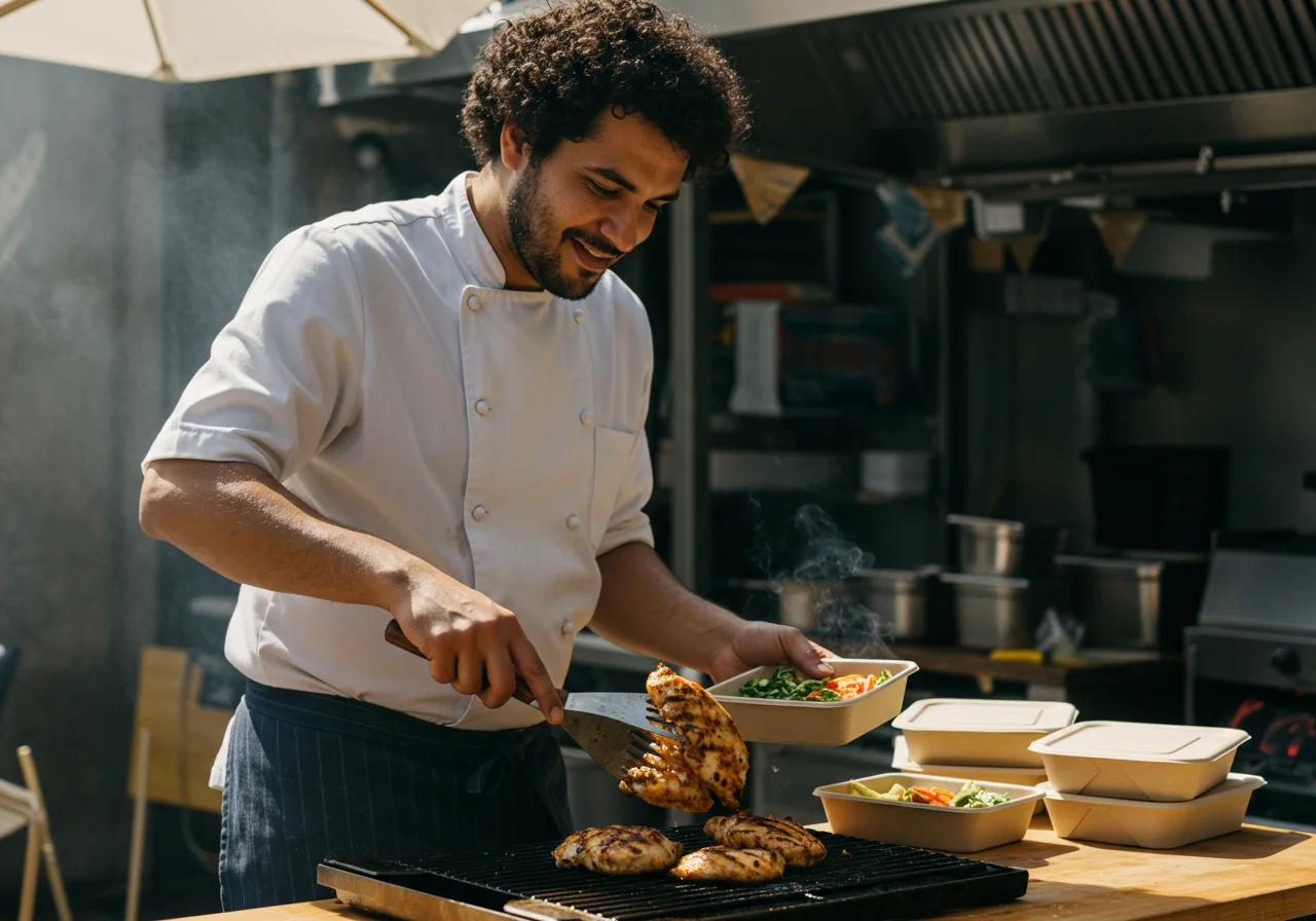Chef preparing meals at Hertel Hähnchen food truck for customers nearby.