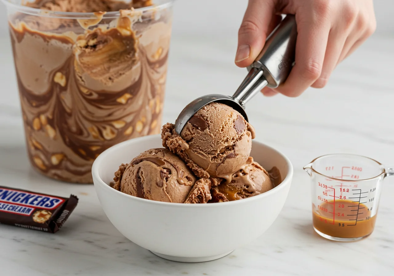 Snickers Eis wird in eine Schüssel für den Kalorienvergleich portioniert.