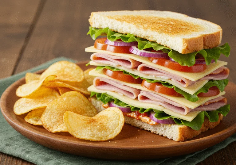 Fertiges kalorienreiches Sandwich mit Brot, Käse und Wurst, bereit zum Servieren.