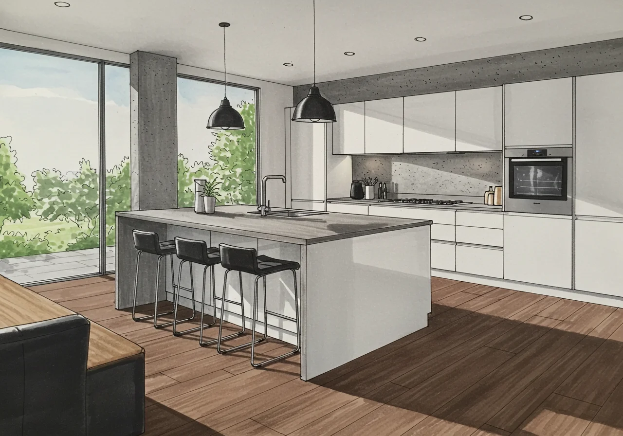 Spacious küche mit kochinsel layout sketch featuring an inviting design.