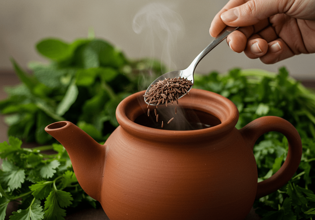 Cumin seeds being added to the teapot for making kümmel tee infusion.