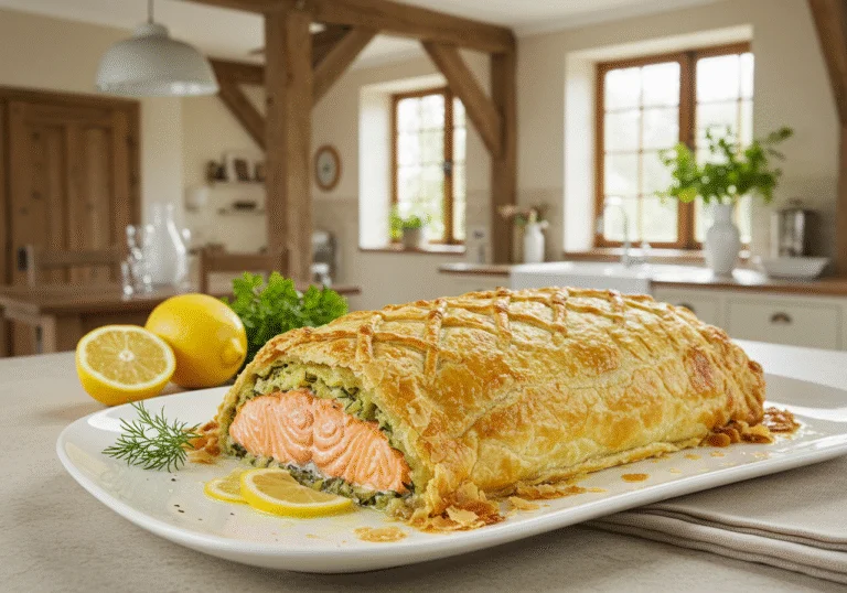 Fertiger Lachs im Blätterteig mit Spinat, goldbraun und stilvoll angerichtet auf einem Teller.