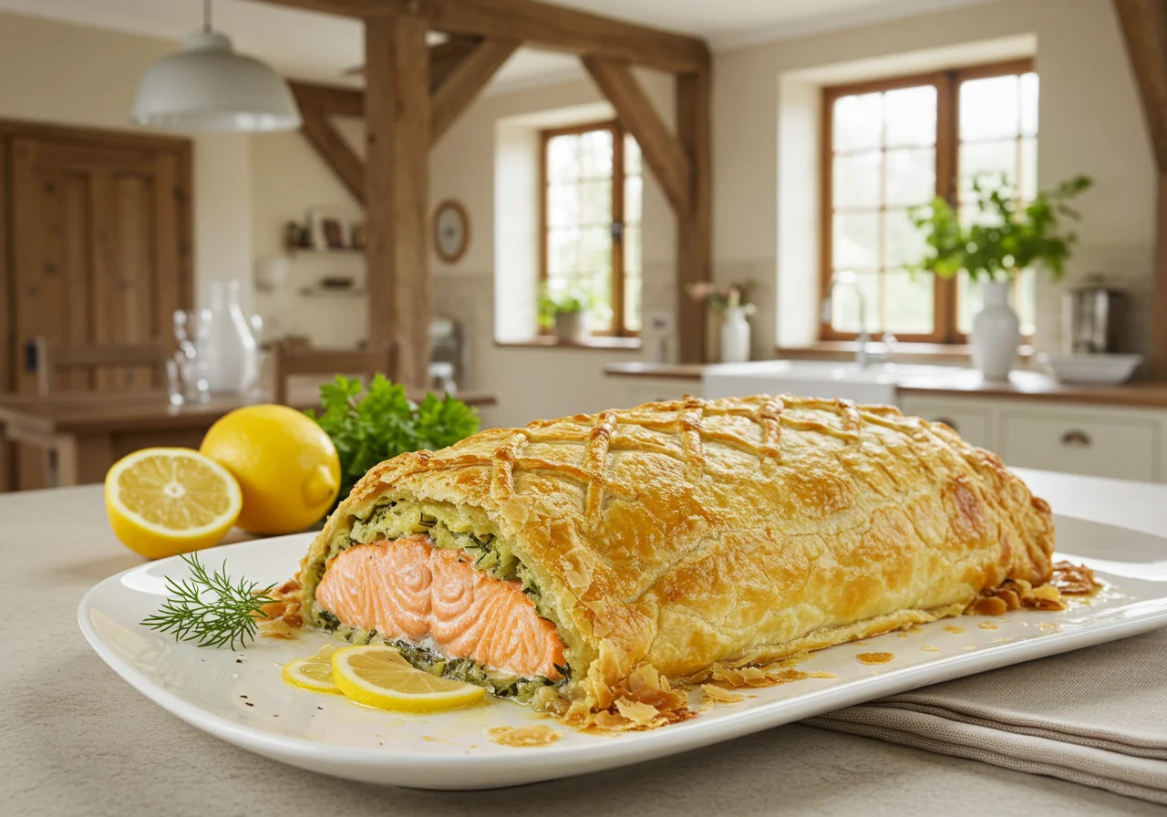 Fertiger Lachs im Blätterteig mit Spinat, goldbraun und stilvoll angerichtet auf einem Teller.