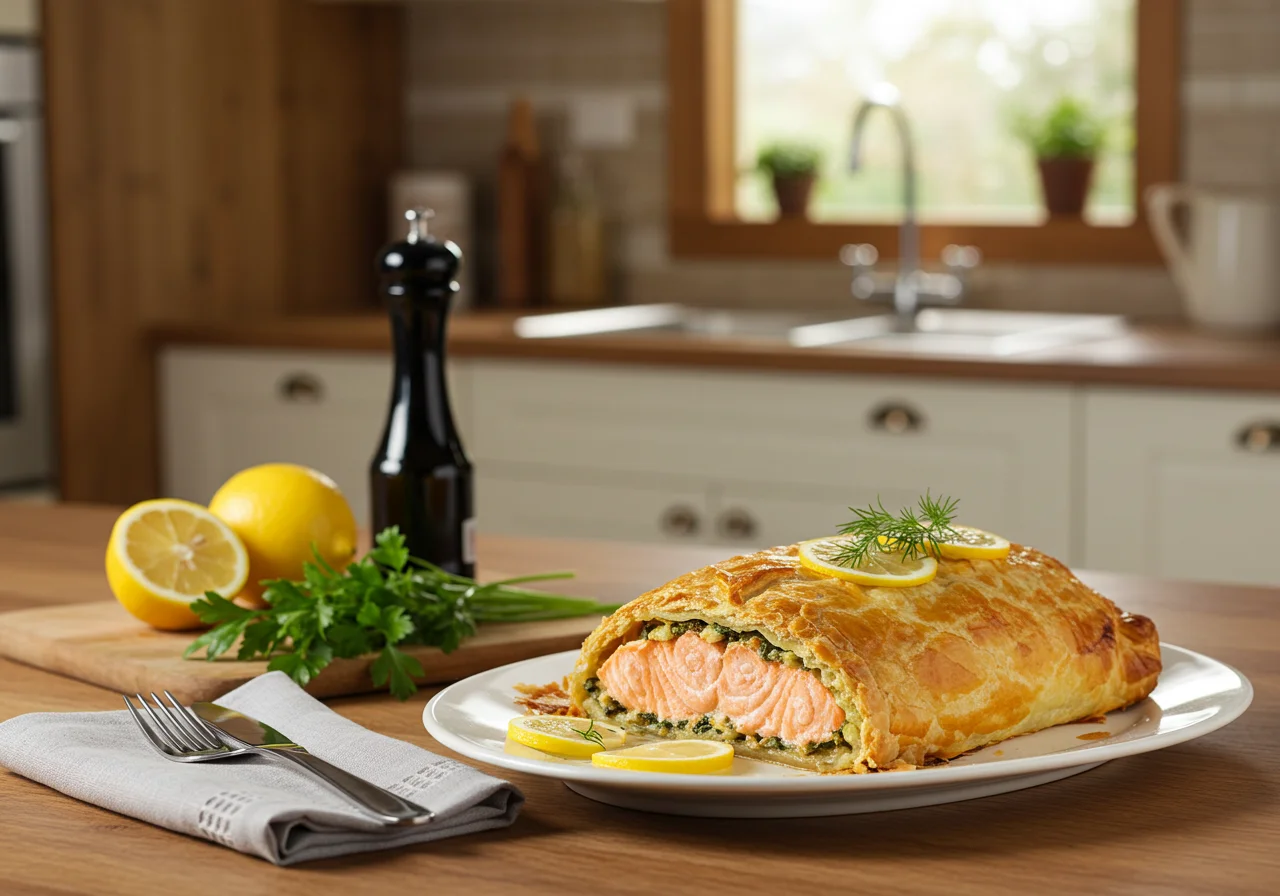 Fertiger Lachs im Blätterteig mit Spinat, goldbraun und stilvoll angerichtet auf einem Teller.