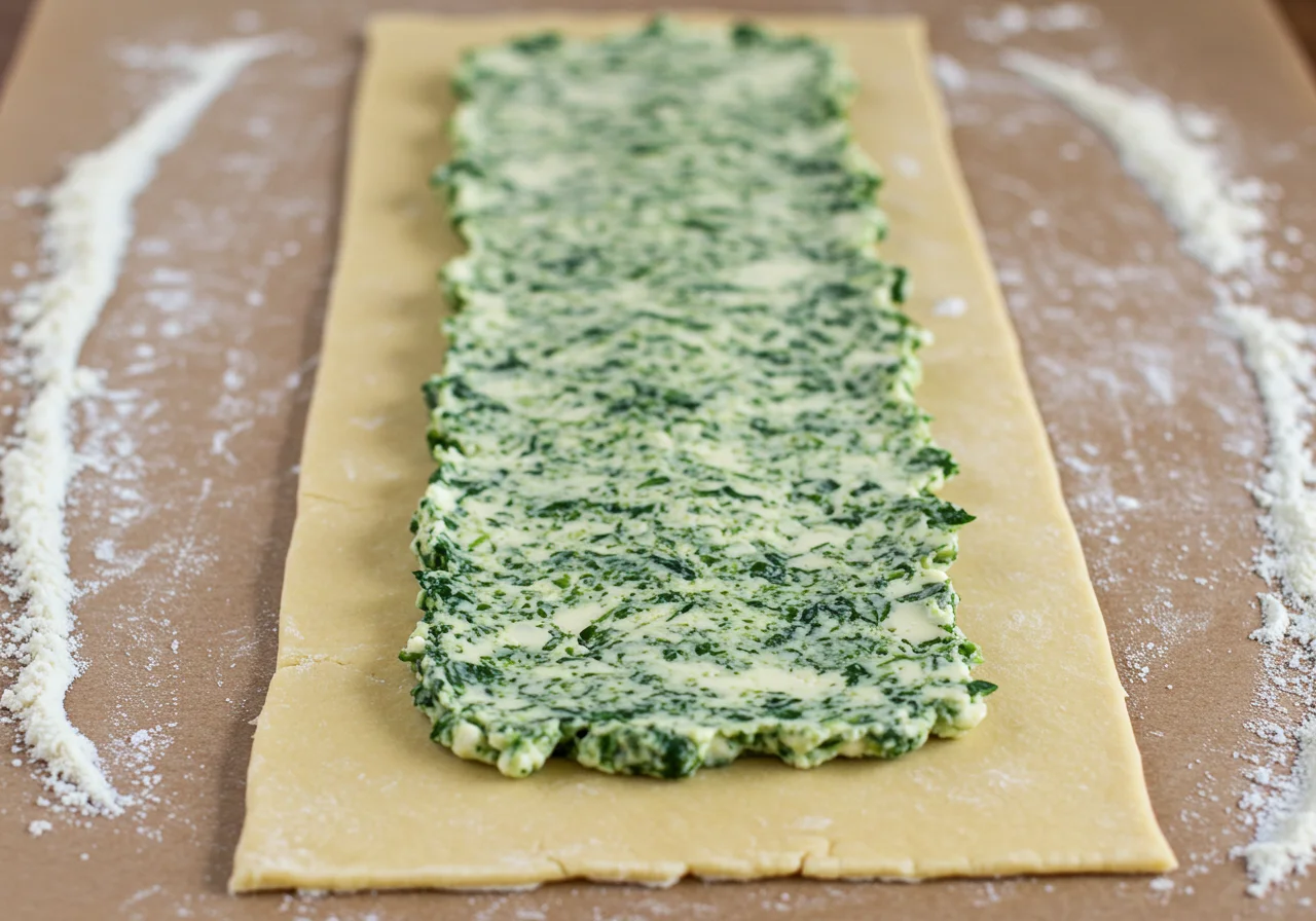 Ausgerollter Blätterteig mit Spinat- und Frischkäsemischung für Lachs im Blätterteig.