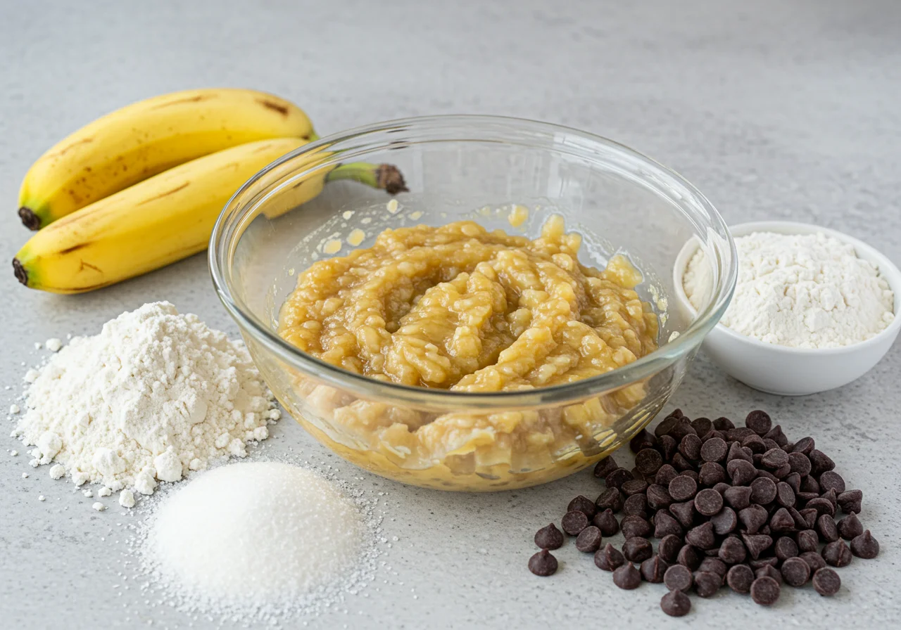 Ripe mashed bananas in a bowl for making leckere Bananen-Schoko-Muffins.