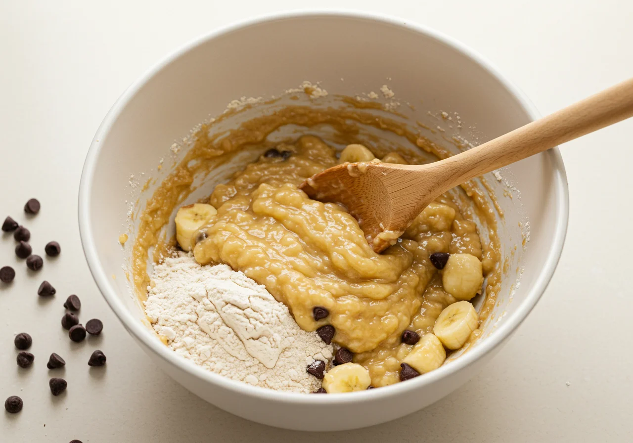 Mixing ingredients for leckerer Bananen-Schoko-Muffin-Teig mit Schokoladenstückchen.