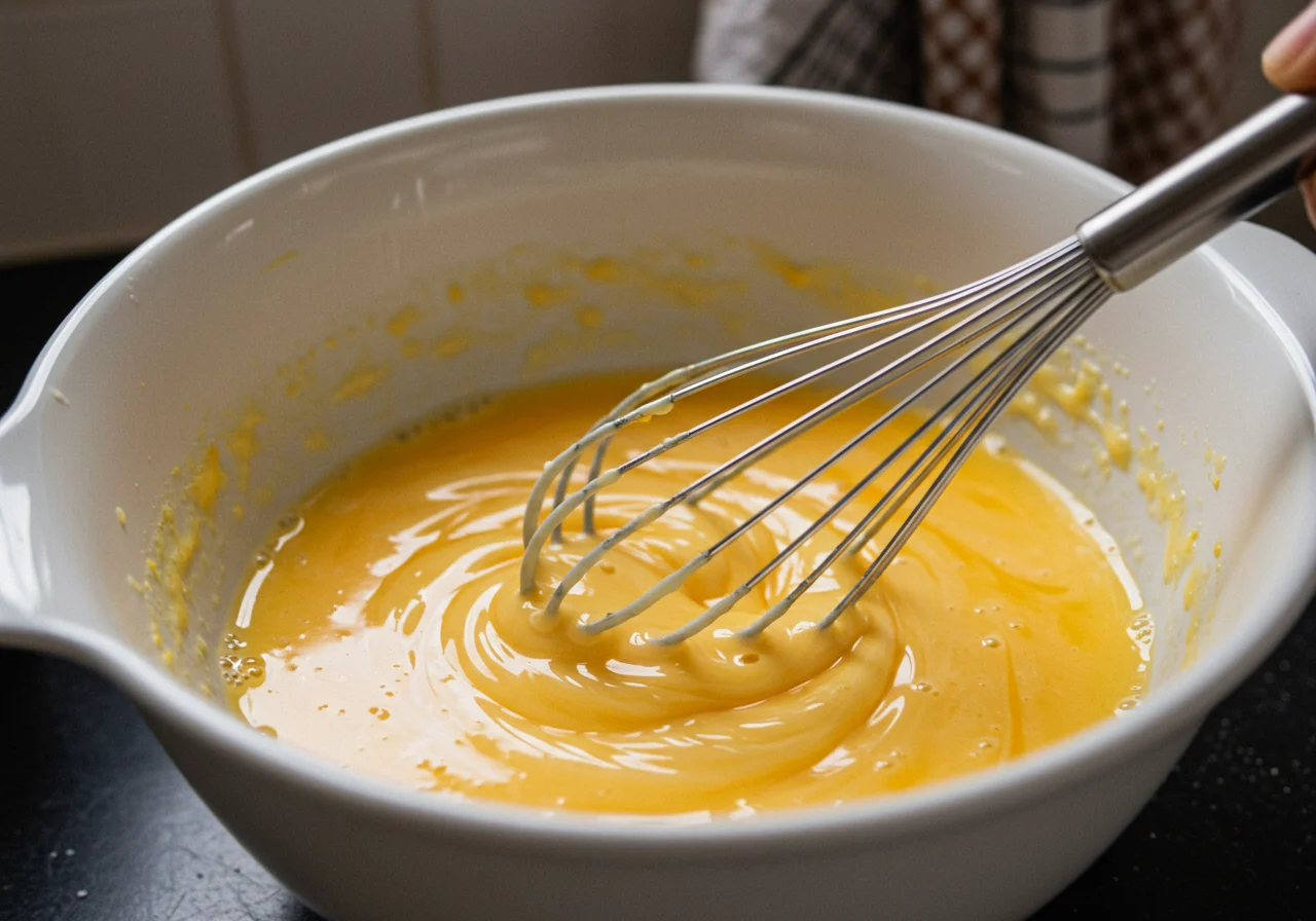 Eier und Milch werden für den leckeren Kuchen mit Pudding und Kirschen in einer Schüssel gemischt.