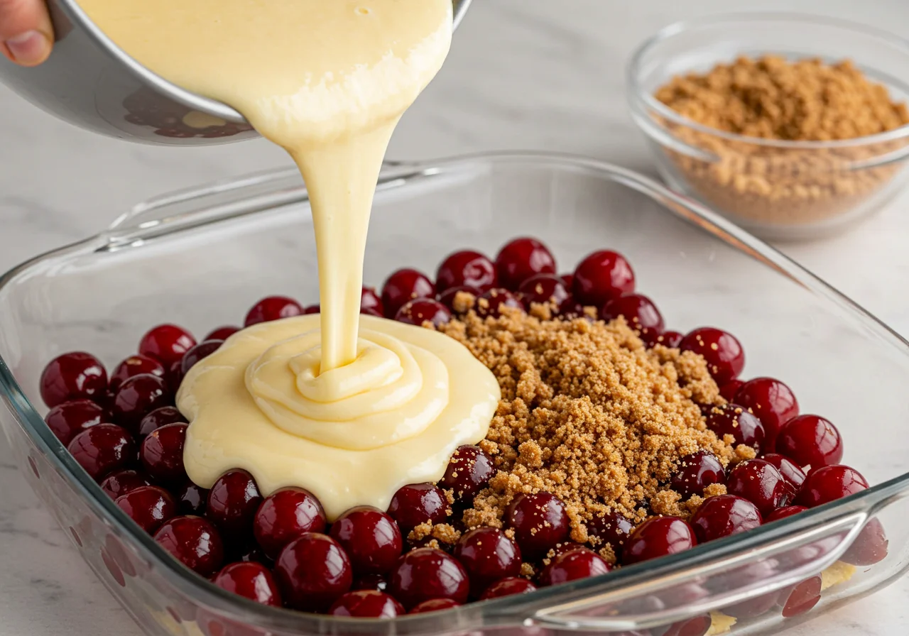 Pudding poured over cherries in a baking dish for leckerer Pudding-Streuselkuchen.