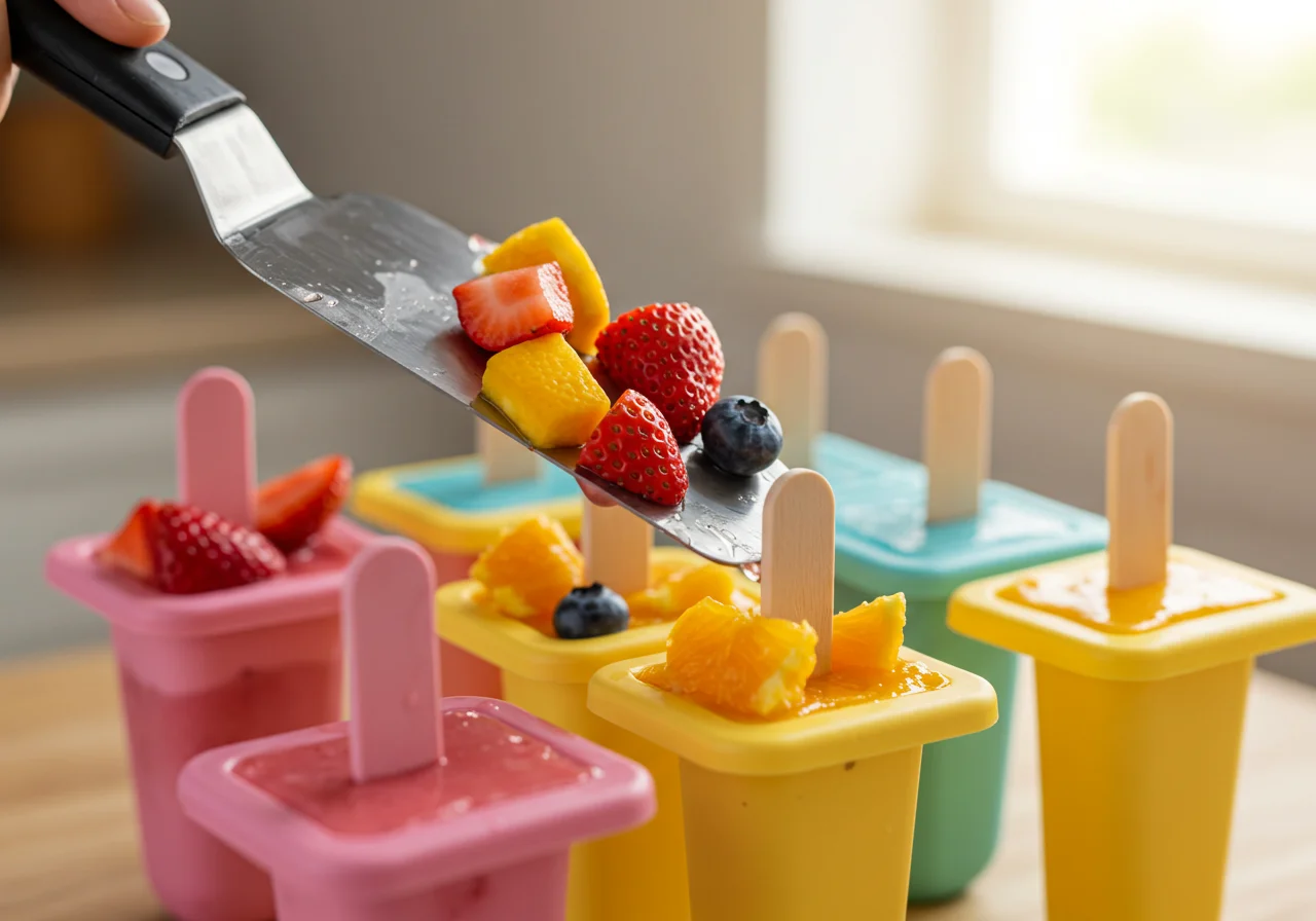 Chopped fruits being added to ice pop molds for making eis am stiel selber machen.