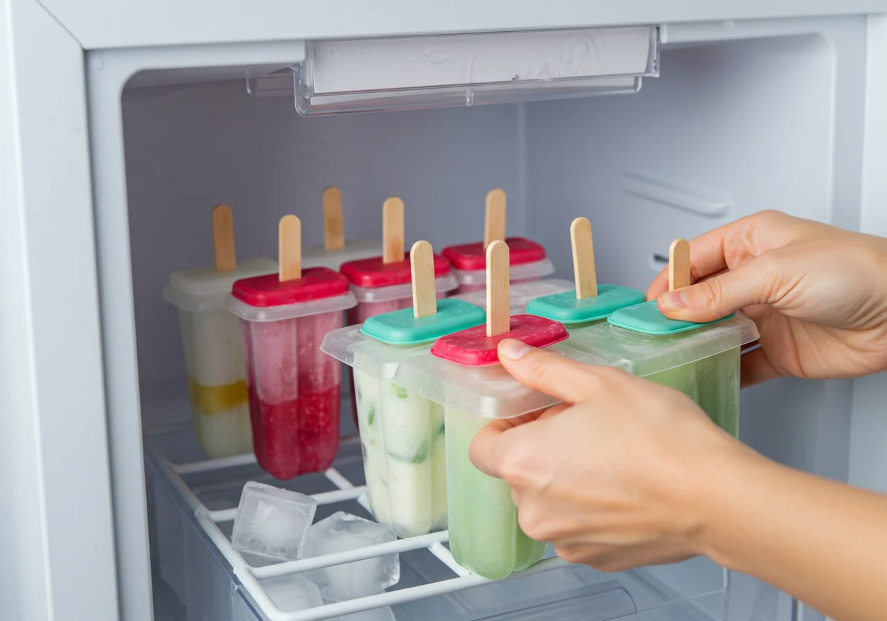 Ice pop molds being placed in the freezer while preparing eis am stiel sorts.