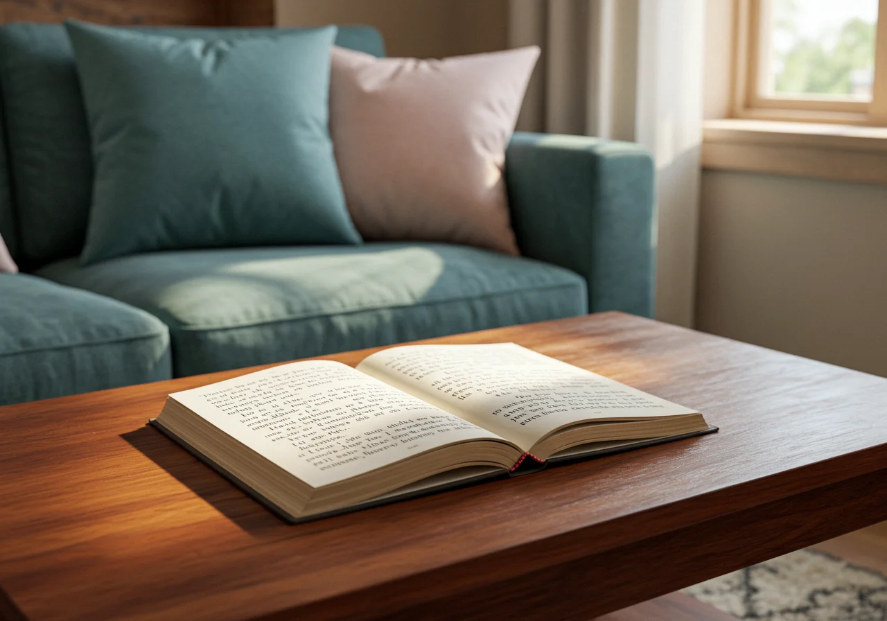 Ein aufgeschlagenes Buch mit sprüchen zu lachen auf einem Couchtisch mit Kissen.