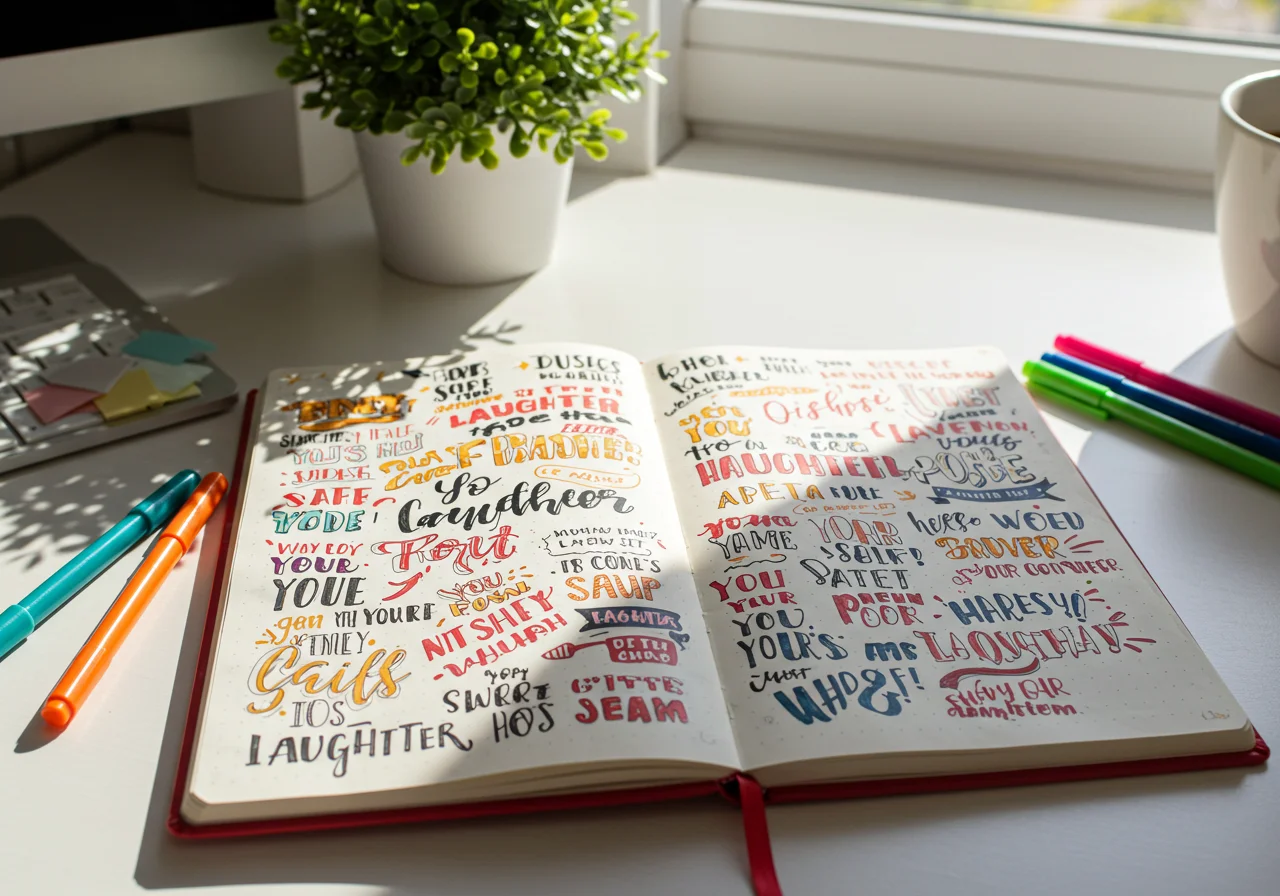 Ein Notizbuch mit sprüchen lachen und bunten Stiften auf einem Schreibtisch.