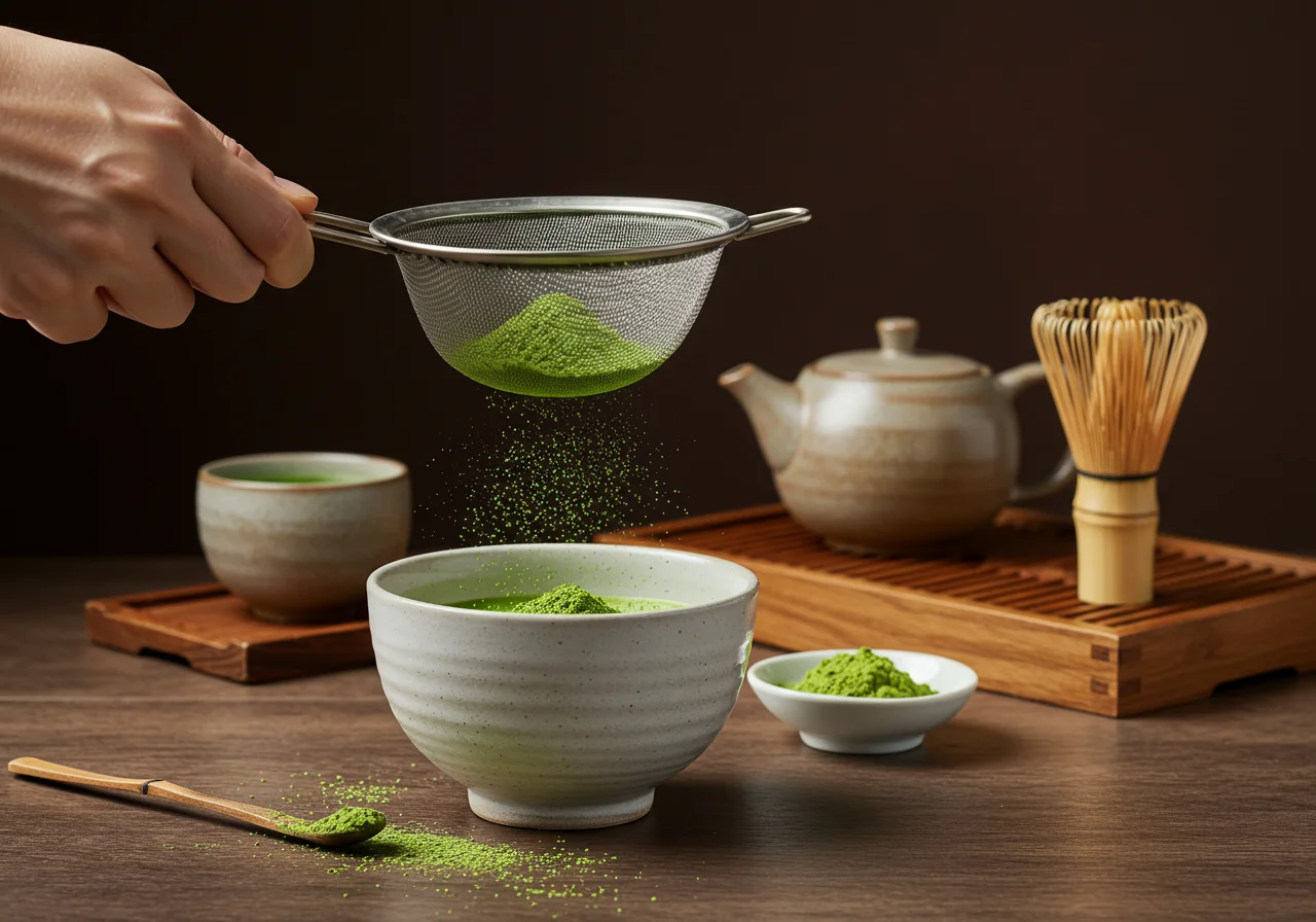 Sichten von Matcha Pulver für die Zubereitung von Matcha Tee.